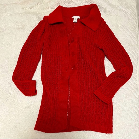 H&M Red Open Knit Cotton Blend Collared Button Down Long Cardigan size XS - Picture 7 of 13